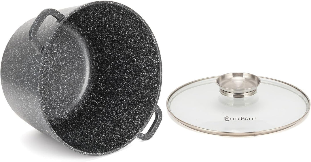 EliteHoff Kochtopf, Suppentopf aus Aluminiumguss mit Antihaftbeschichtung, Induktionstopf mit Glasde