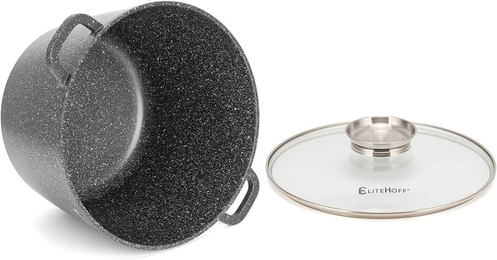 EliteHoff Kochtopf, Suppentopf aus Aluminiumguss mit Antihaftbeschichtung, Induktionstopf mit Glasde