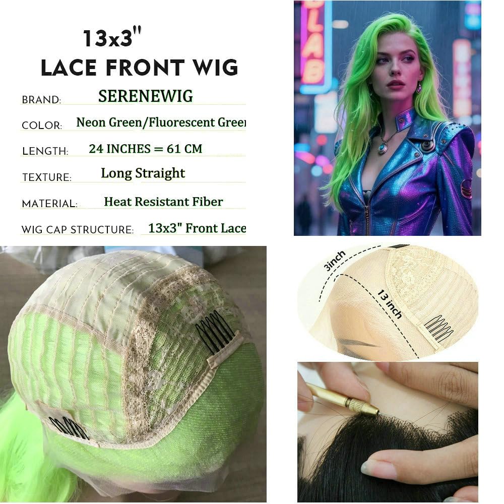 Damen Perücke, fluoreszierend, grünes Drag Queen, Fischion-Gelb, Kreidestift, synthetische Spitze, h