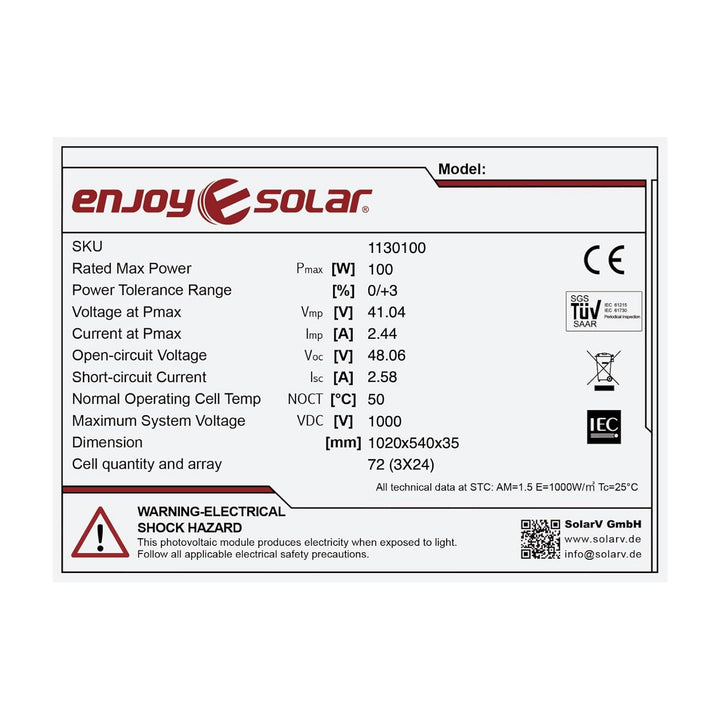 enjoy solar® Mono 150W 36V Monokristallin Solarmodul Solarpanel ideal für 24V Gartenhäuse Wohnmobil