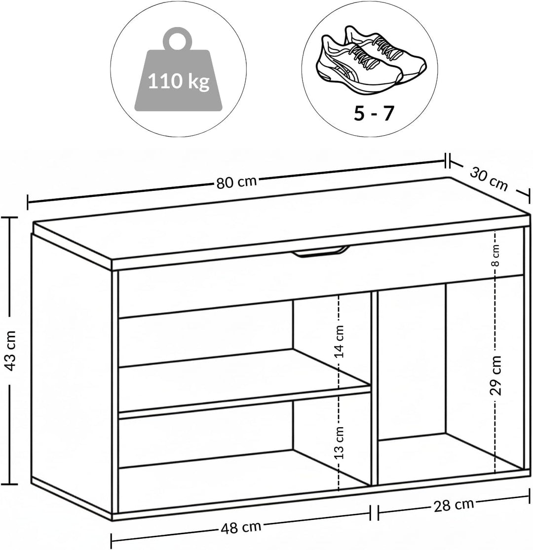 BOXIMO TRIA Schuhschrank mit Sitzbank, MDF und Polyester, 80 x 43 x 30 cm (Braun), Braun