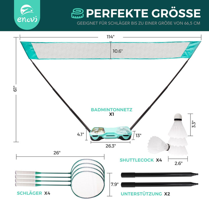 EasyGo Federball Set, Badminton Set mit 4 Schläger, Badminton Netz, 4 Federball, Tragbare Aufbewahru
