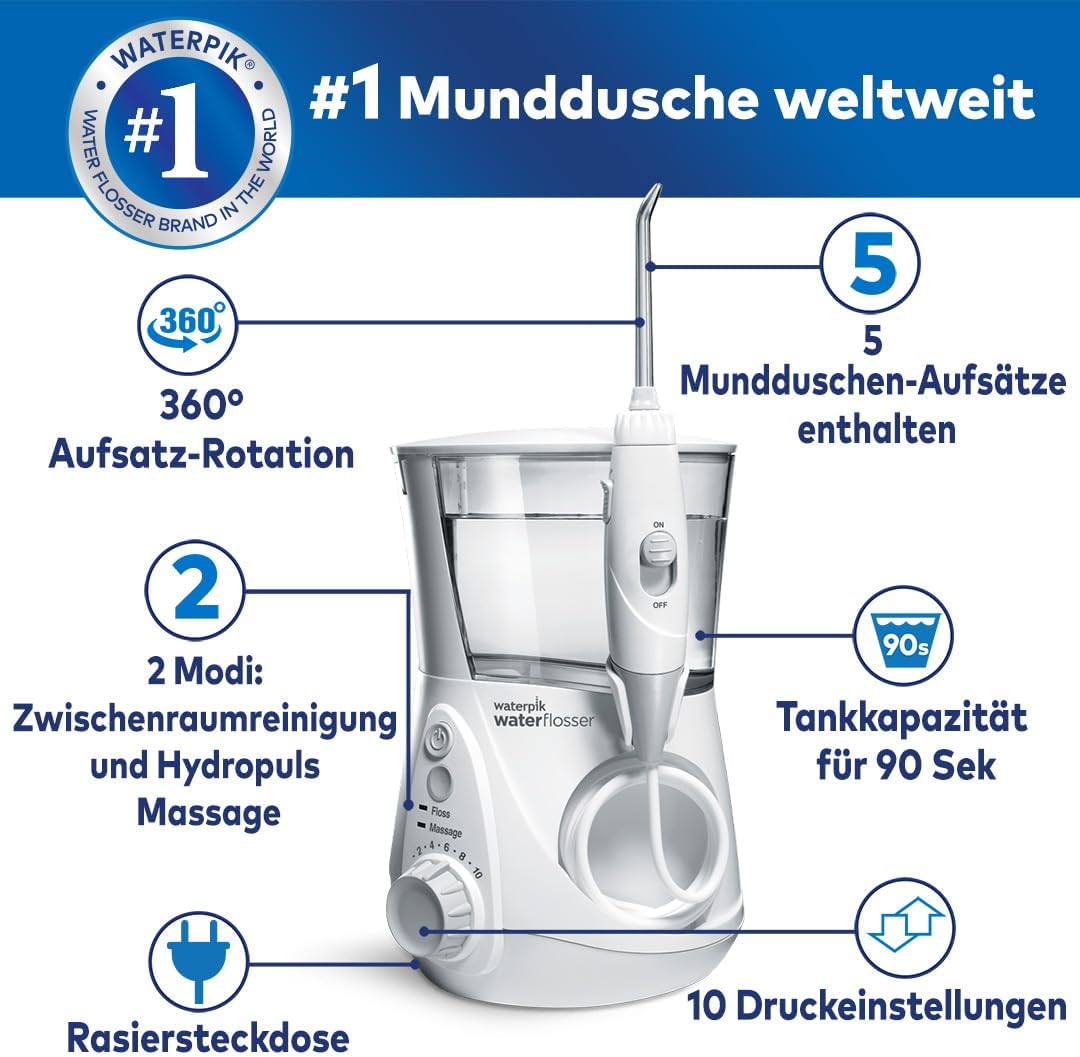Waterpik Ultra Professional Waterflosser feststehende Munddusche mit 7 Aufsätzen, Druckbereich von 0