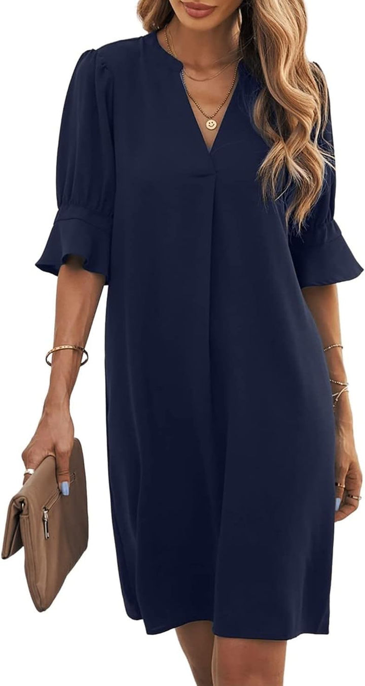 Famulily Frauen V-Ausschnitt Halbarm Hemdkleid Elegant Sommer Casual Einfarbig Kurzes Kleid S-XXL XX