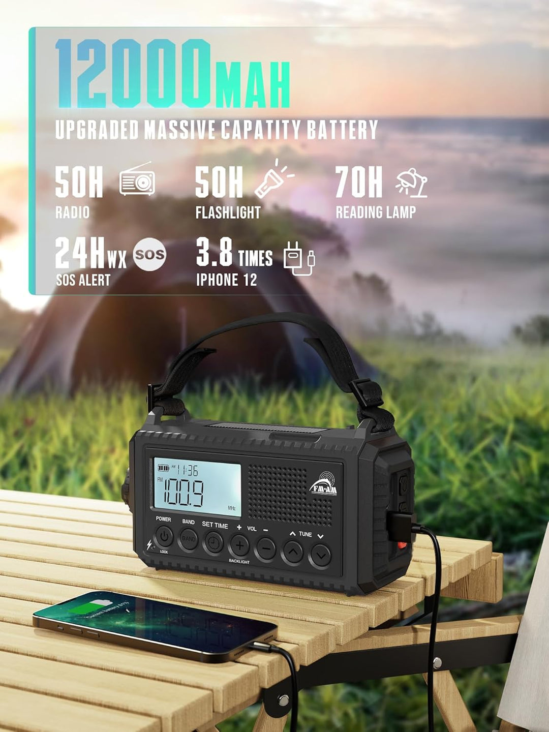Kurbelradio mit Solar & 12000mAh Powerbank | AM/FM/SW Notfallradio, USB-C Handyladung, SOS-Alarm, Ta