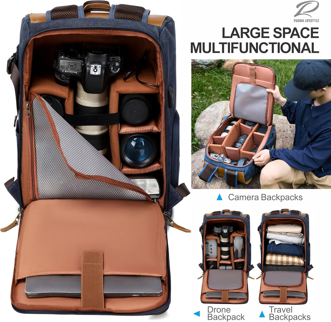 Padwa Lifestyle Blau Kamerarucksack - wetterfeste Kameratasche aus gewachstem Memory Canvas mit 16“