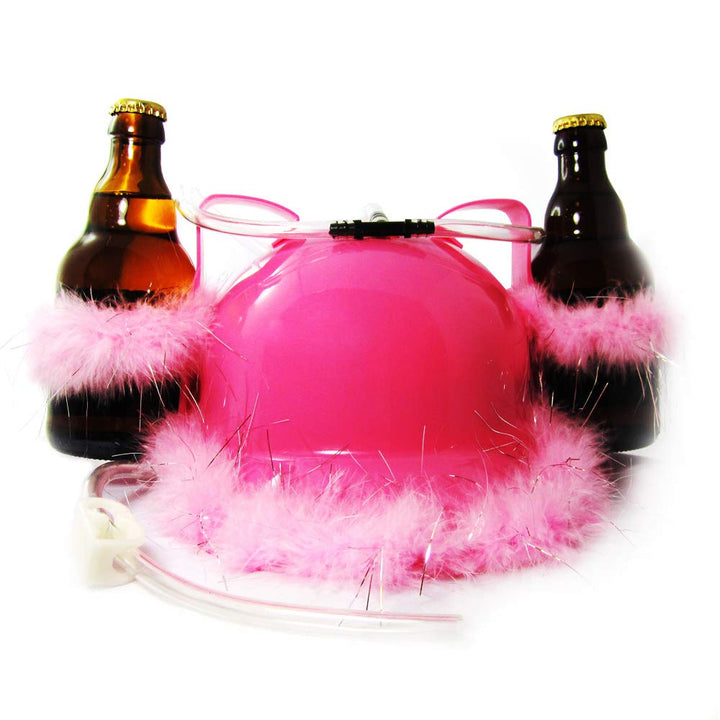 Monsterzeug Glitzer Bierhelm mit Trinkschlauch und Flaschenhalter, Baurbeiter Helm mit Puscheln, Get