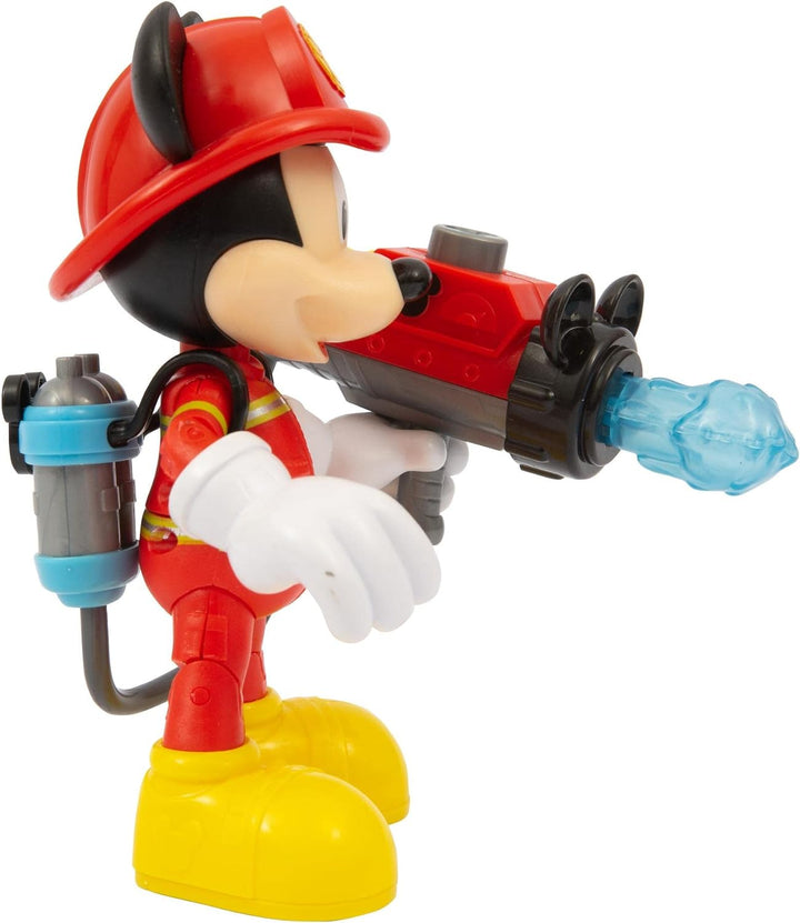 Giochi Preziosi Disney Mickey Figur Feuerwehrmann, 15 cm, beweglich, mit Rucksack mit Wasserkanone u