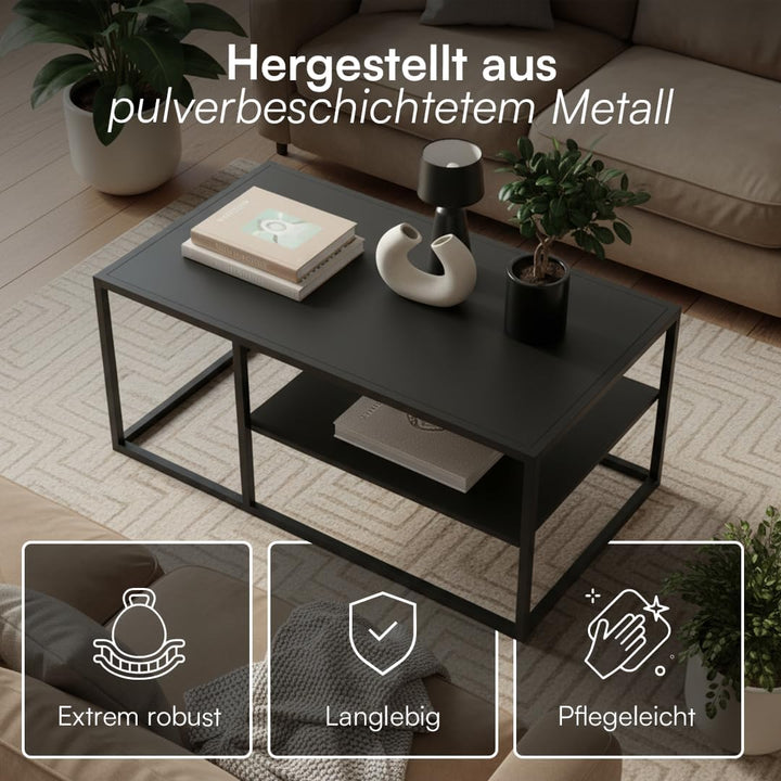 skølm Skadi Couchtisch aus Metall – Wohnzimmertisch mit 2 Ablagen – Beistelltisch in Schwarz – Sofat
