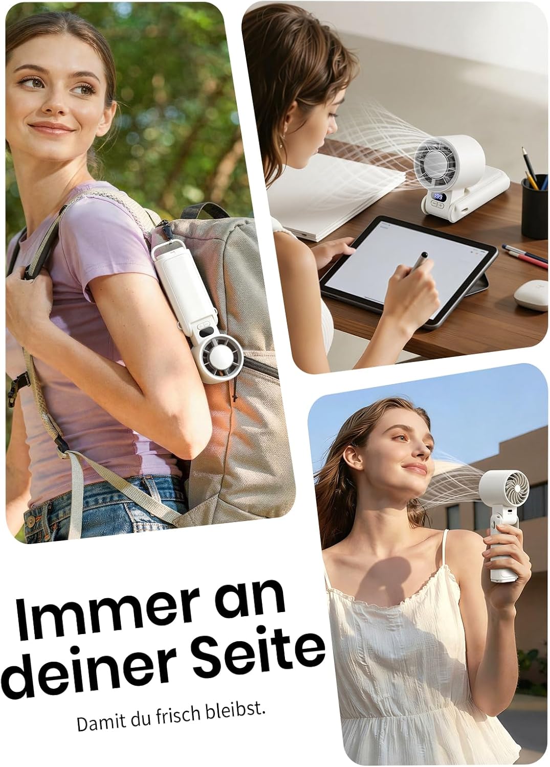 Handventilator Akku aufladbar mit LED-Display & Clip, 1-199 Stufen, 3-in-1 Ventilator für Hand, Nack