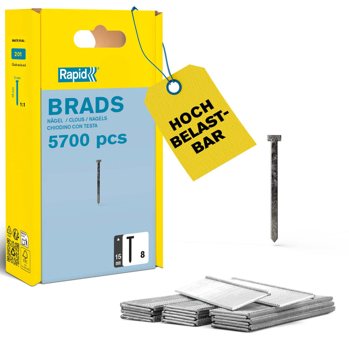 Rapid Nägel Typ 8, 15mm Stauchkopfnägel 18Ga, 5.700 Stück, für Tacker, Druckluftnagler und Elektrona