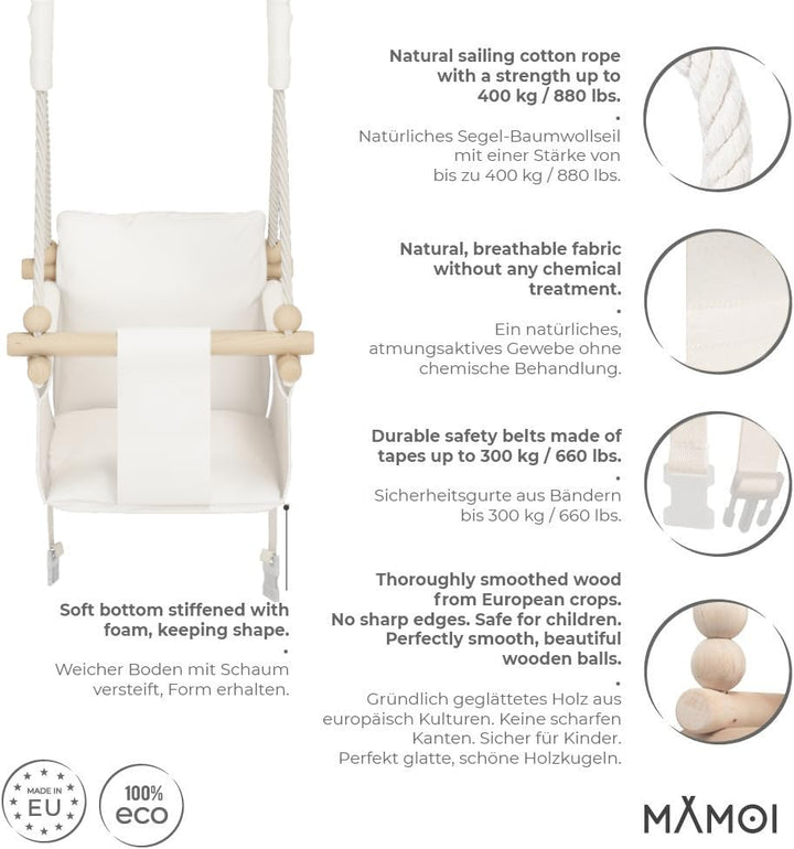 MAMOI® Babyschaukel Kinderschaukel Holz + SICHERHEITSGURT, Schaukel für Kinder Garten Indoor Outdoor