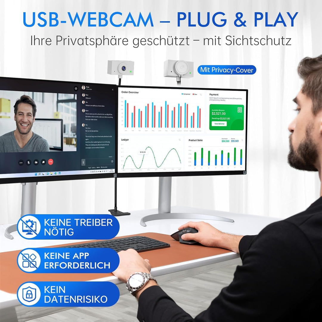 Webcam 1080P mit Mikrofon und Sichtschutzklappe – USB Webcam für PC, Laptop & Zoom, Augenkontakt-Kam