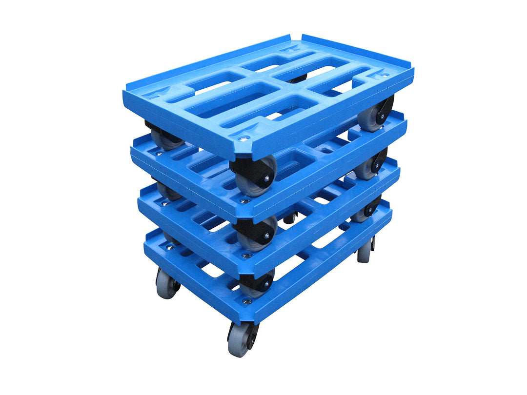 Transportroller 4er Pack für Boxen 600x400mm, blauer PP Gitter Rahmen 4x Kunststoff-Lenkrolle, graue
