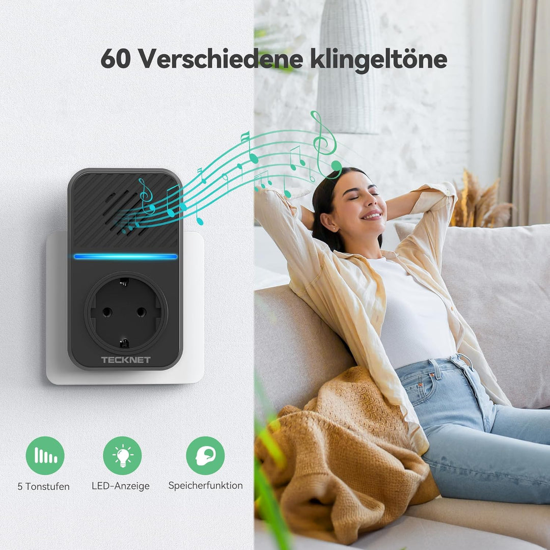 TECKNET Funkklingel Batterielose, Steckdosen Kabellose Türklingel, IP65 Wasserdicht Drahtloses Funk