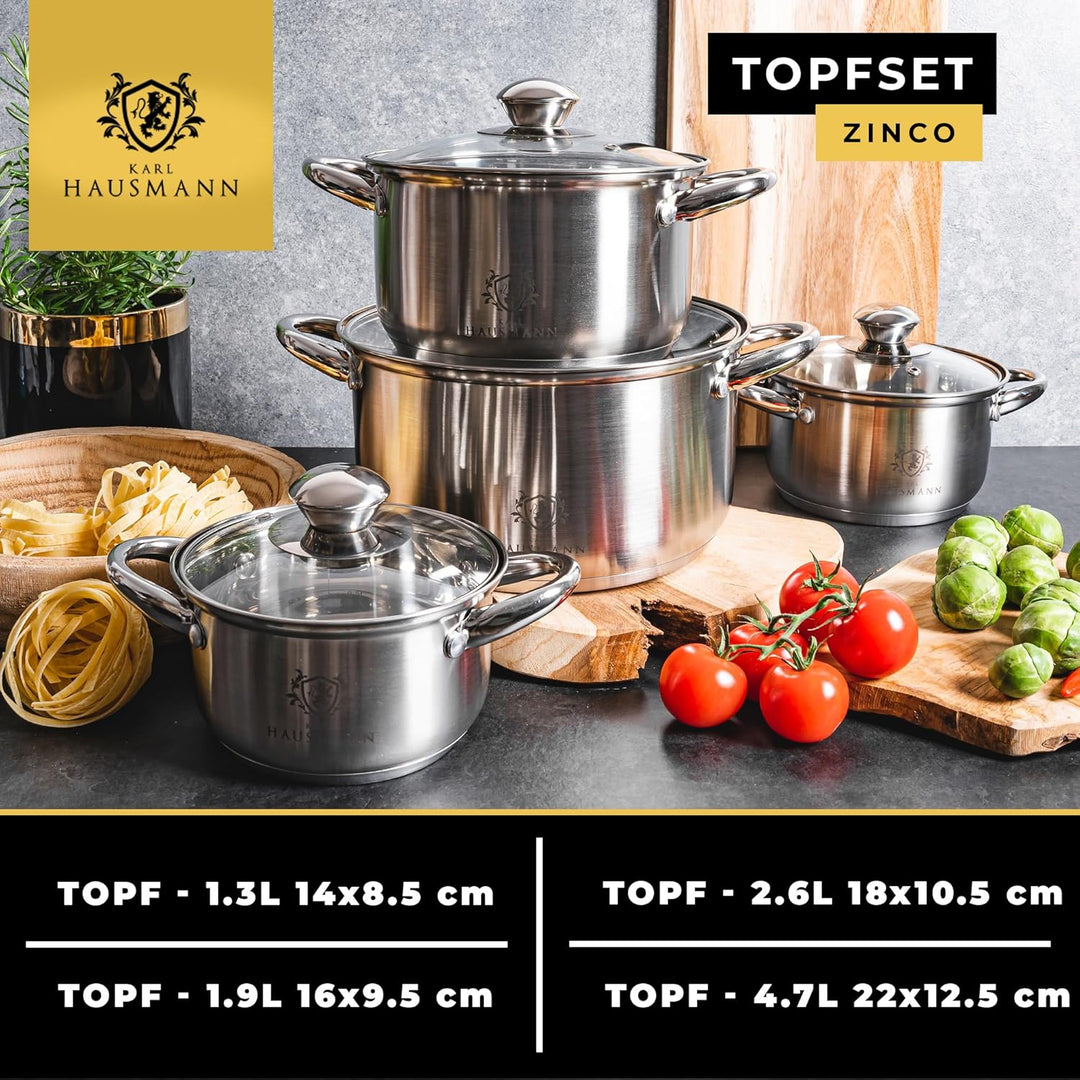 Topfset Induktion Edelstahl 4-Teilig - Kochtöpfe für Alle Herdarten - Kochtopf Set mit Glasdeckel -