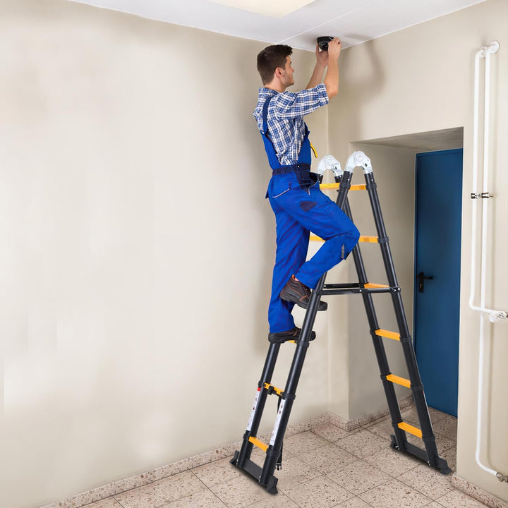 Herrselsam 3.8m(1.9m+1.9m) Teleskopleiter Klappleiter Aluminium, Mehrzweckleiter mit Tragegriff, Rut