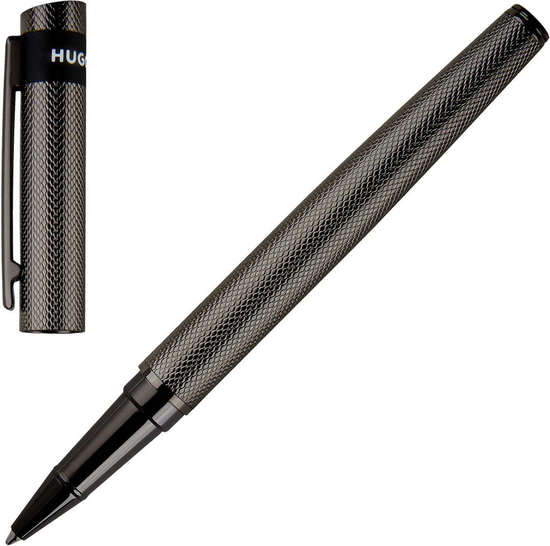 Hugo Boss Loop Diamond Tintenroller aus Messing in der Farbe Gun, Länge: 14,6cm, Tintenfarbe: Schwar