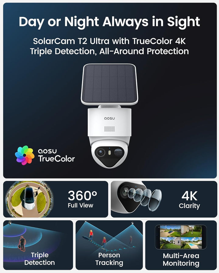 aosu T2 Ultra 4K UHD Überwachungskamera Aussen Solar Akku für aosuCortex, 2 Cam-Kit, TrueColor Nacht