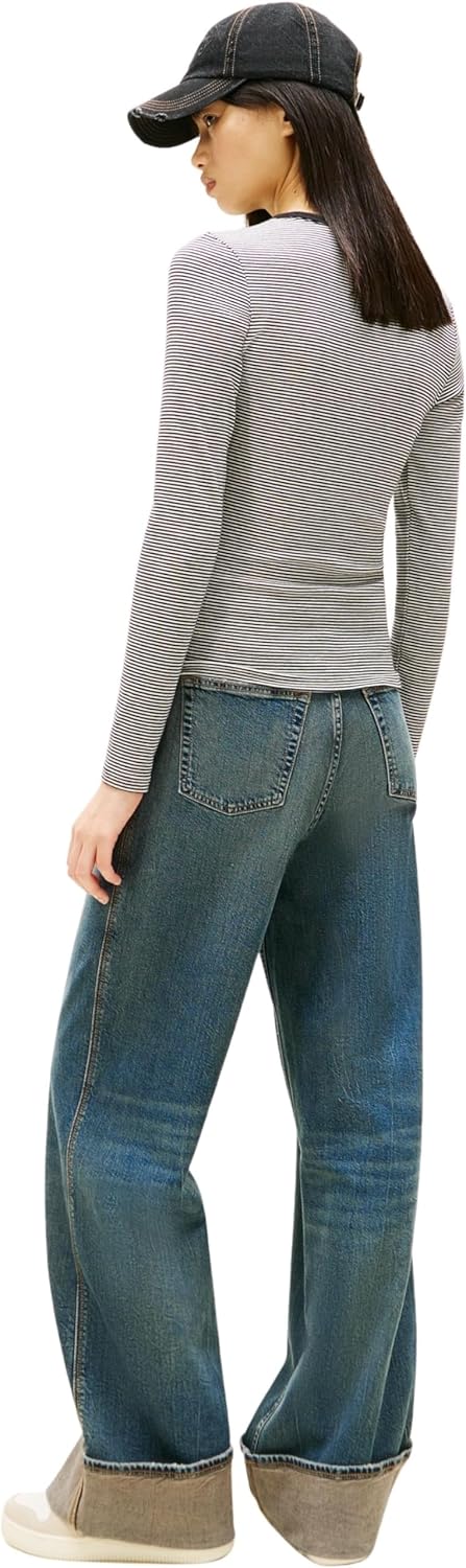Tommy Jeans Damen Langarmshirt Slim Fit Essential aus Baumwolle XXS Black (Black/ Ecru Stripe), XXS
