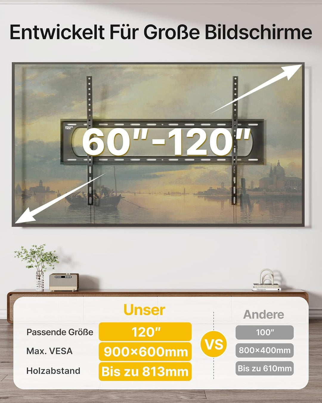 monTEK TV Wandhalterung Neigbar für 60-120 Zoll Fernseher bis zu 136 kg, Universal TV Halterung VESA