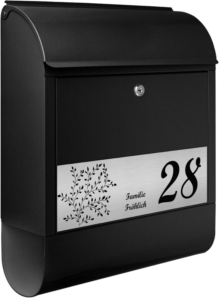 banjado® Briefkasten personalisiert mit graviertem Namensschild in Silber/Briefkasten schwarz 39x47x