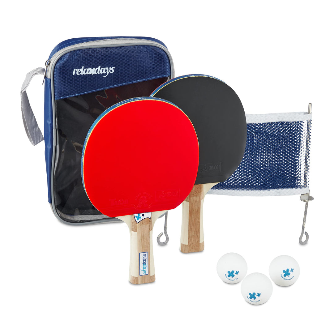 Relaxdays Tischtennis Set mit Netz, HxBxT: 27 x 17 x 5 cm, 2 konische Schläger, 3 Tischtennisbälle,