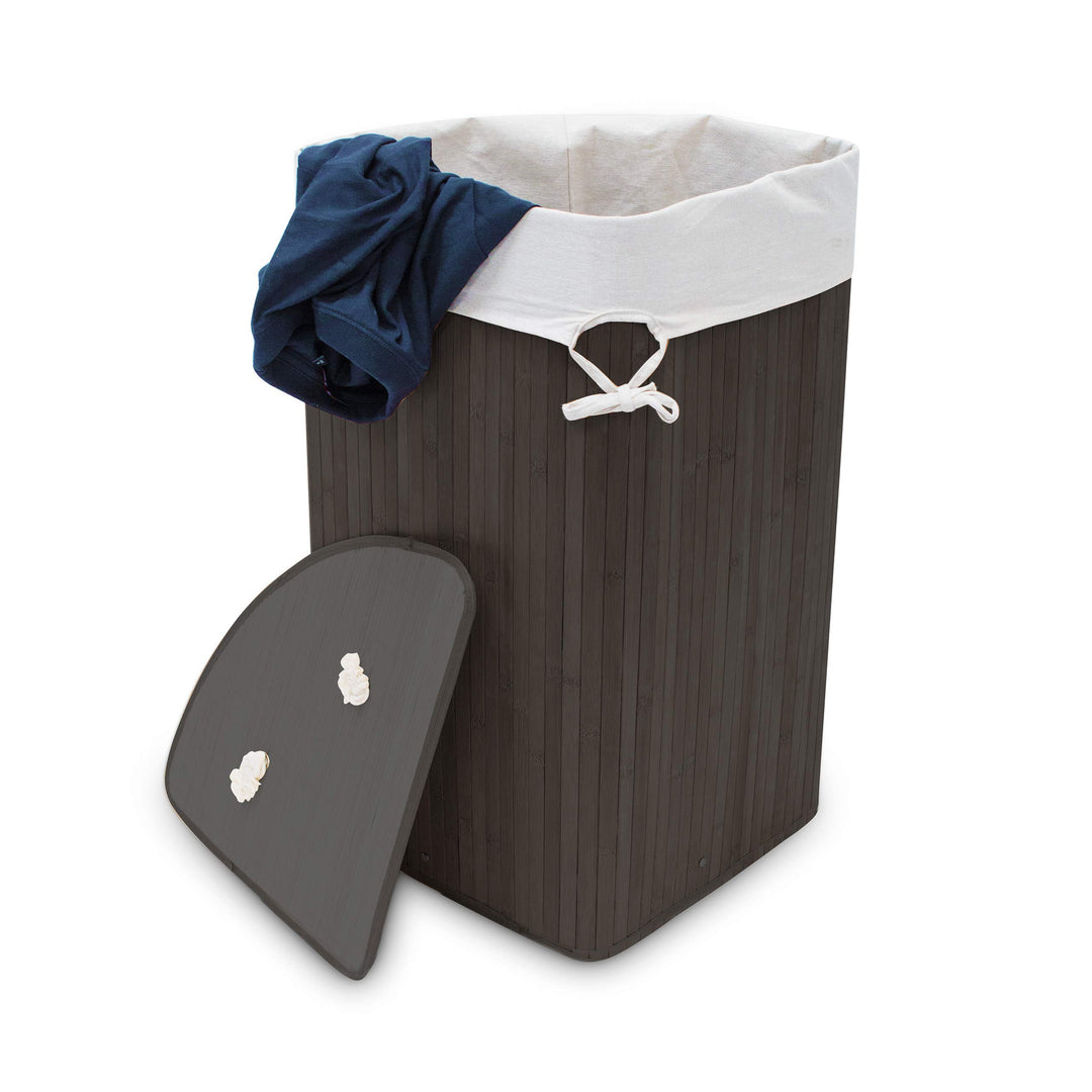 Relaxdays Eckwäschekorb Bambus, faltbare Wäschebox 60 l, platzsparend, Wäschesack Baumwolle, 65 x 49