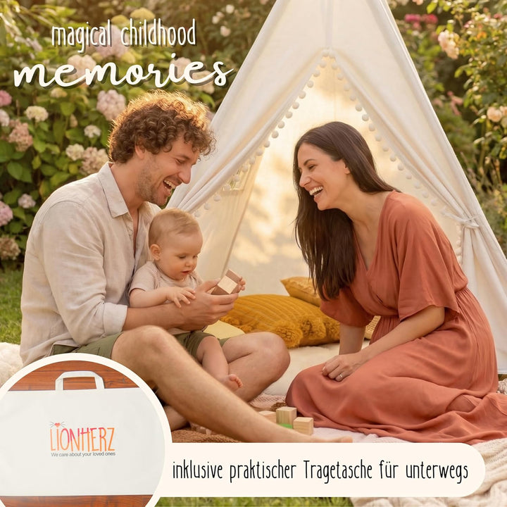 LIONHERZ® DAS ORIGINAL Tipi Zelt für Kinder aus 100% Baumwolle mit Federdeko, Kuschelmatte, Tragetas
