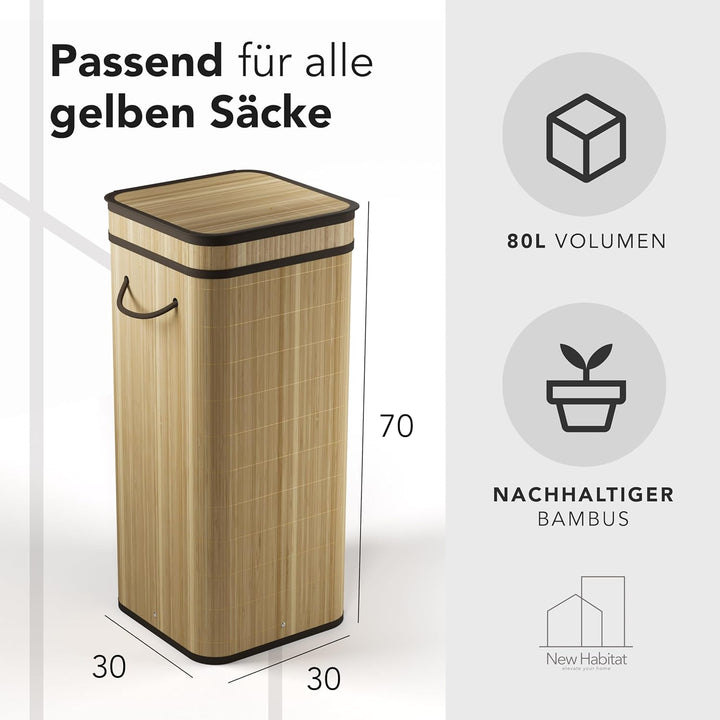 NewHabitat Gelber Sack Ständer aus Bambus I 80L Gelber Sack Behälter mit geruchsdichtem Deckel I Sta