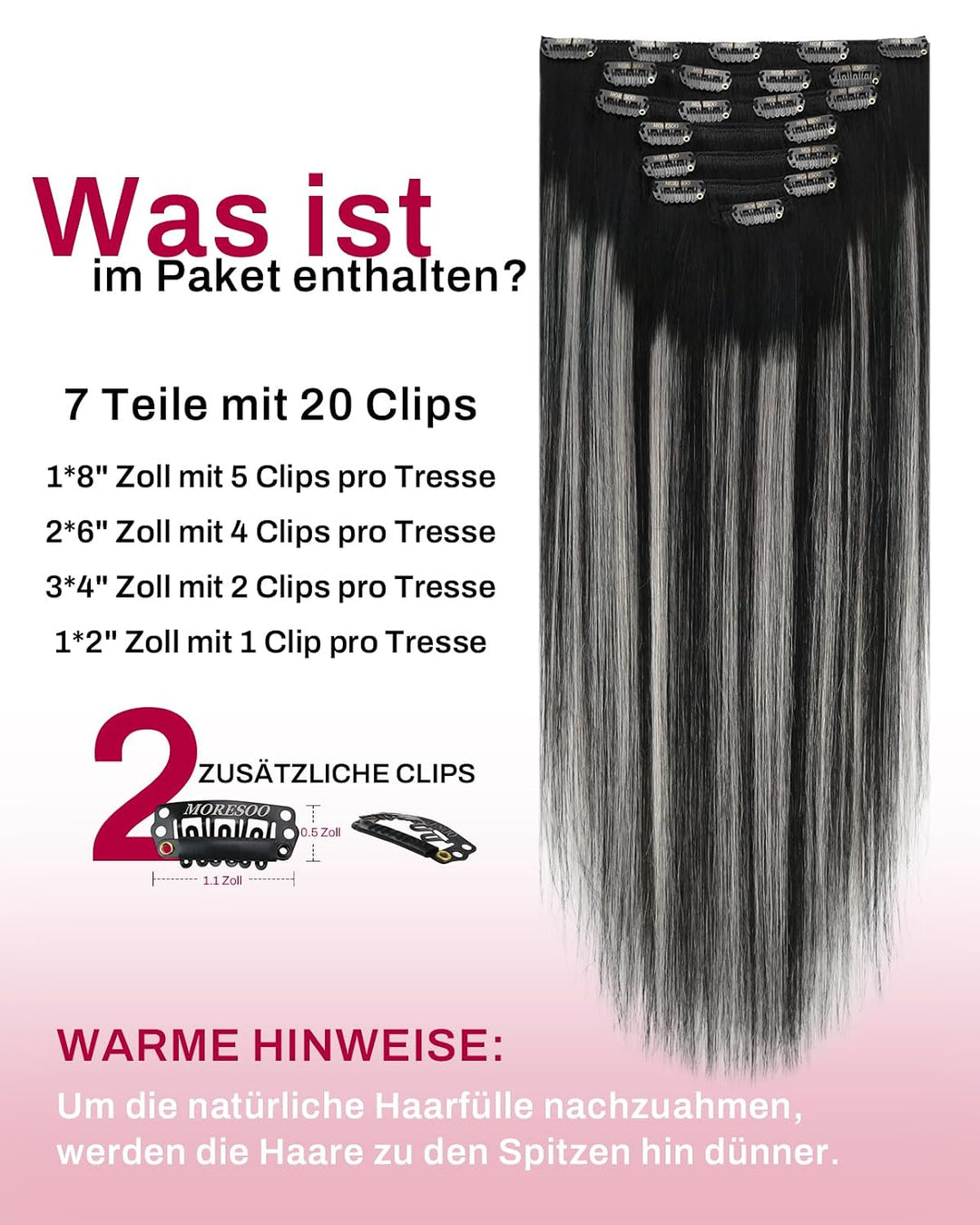 Moresoo Clip in Extensions Echthaar Grau Unsichtbar Haarextension Echthaar Clips Doppelt Tressen Omb