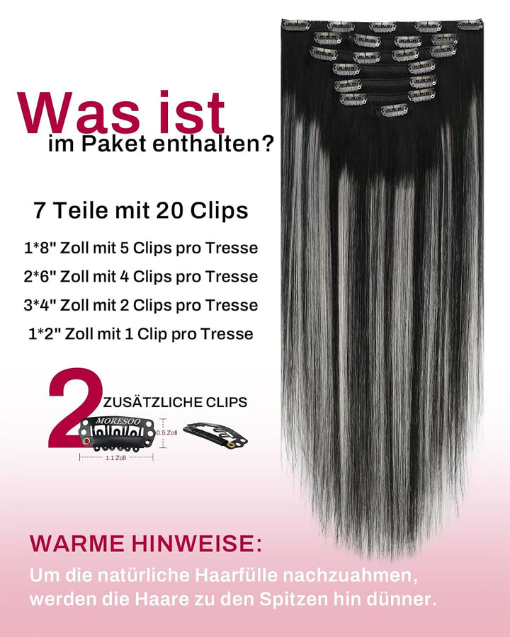 Moresoo Clip in Extensions Echthaar Grau Unsichtbar Haarextension Echthaar Clips Doppelt Tressen Omb
