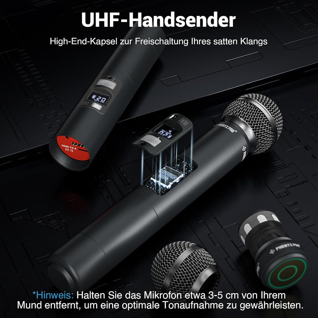 Phenyx Pro Drahtloses Mikrofonsystem, Dynamisches Funkmikrofon, 2x100 Einstellbare UHF Dual, Auto Sc