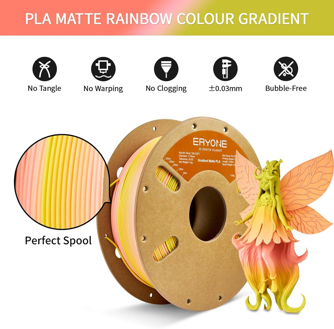 ERYONE Matte PLA 3D Drucker Filament 1.75mm, Matte Gradient Rainbow PLA, Massgenauigkeit +/- 0.03 mm
