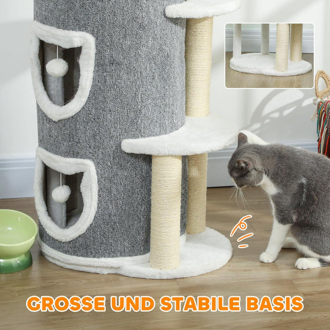 PawHut Kratztonne, 101 cm hoch Katzentonne mit Höhle, Spielball, Plüschrand, mehrstöckig Kratzbaum m