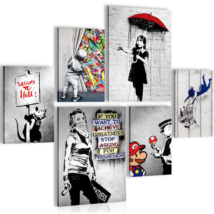 Novart Bilder Set - AUFHÄNGFERTIG - KEIN EXTRA RAHMEN BENÖTIGT - Banksy Collage Modern Street Art -