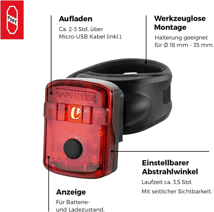 PUKY LUMI LED-Frontscheinwerfer & Rücklicht-Set | Seitliche Sichtbarkeit | Werkzeuglose Montage | Fü