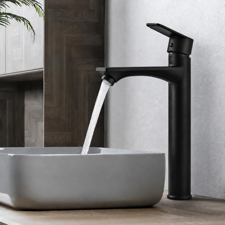HOMELODY Wasserhahn Bad Schwarz Hoch - Bleifrei Rund Waschtischarmatur mit Auslauf Höhe 250 mm - Ein