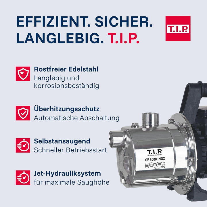 T.I.P. Gartenpumpe Edelstahl (2.950 l/h Fördermenge, 42 m Förderhöhe, 4,2bar Druck, 550W, selbstansa