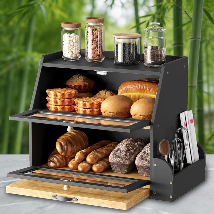 HOOBRO 2-stöckiger Brotkasten Bambus mit Schneidebrett und Besteckhalter, Brotbox mit Acryltüren, Br
