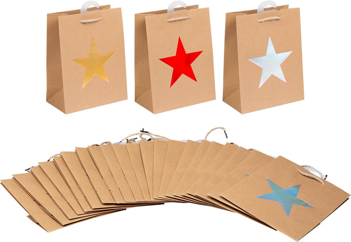 HEKU 24er Set Hochwertige Geschenktaschen aus Papier, Stern-Motiv, Metallic-Aufdruck I 3 Farben (rot