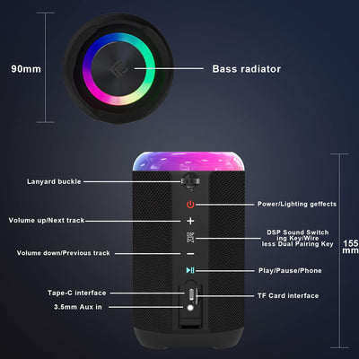 GEEKTOP Bluetooth Lautsprecher 24W Kabellos IPX7 Wasserdicht Tragbarer Bluetooth Musikbox mit RGB-LE