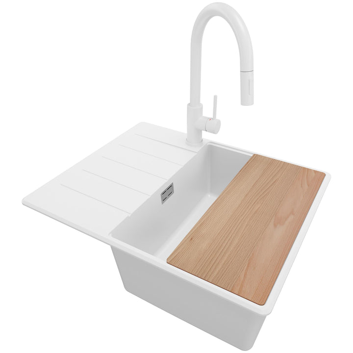 Granitspüle Weiss 62x50 cm, Spülbecken + Ablauf-Set + Küchenarmatur 9000, Küchenspüle für 45er Unter
