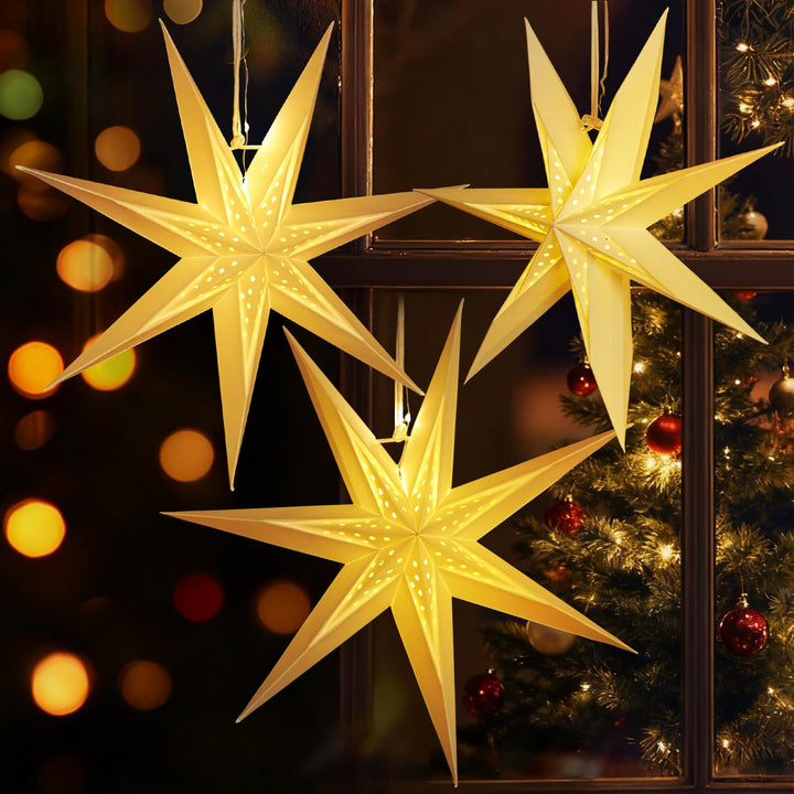 SUNBEAUTY 3er Set Papiersterne Weiss 30cm Faltstern Beleuchtet Weihnachten Deko 7 Zacken Faltsterne