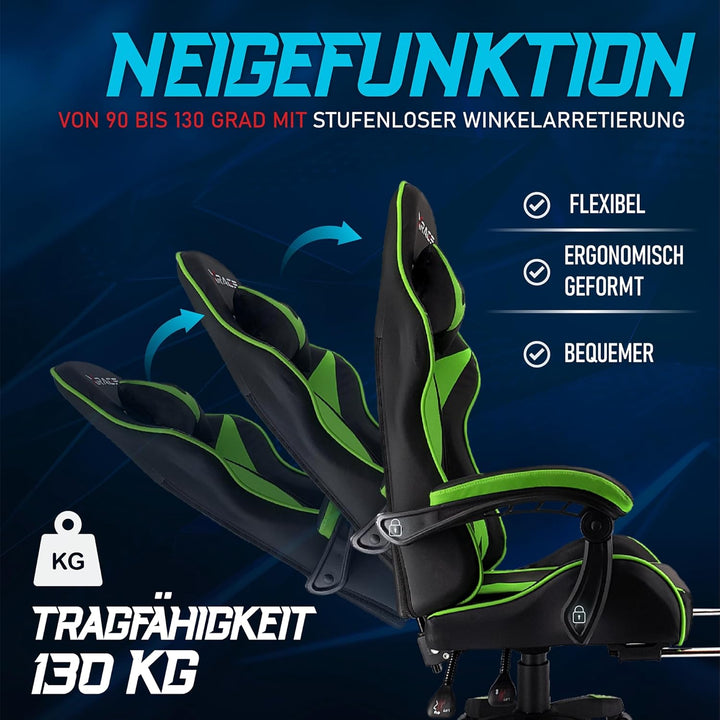 xRace Gaming-Stuhl Hoher Drehstuhl aus Leder mit Lendenwirbelstütze, Kopfstütze und Fussstütze, vers