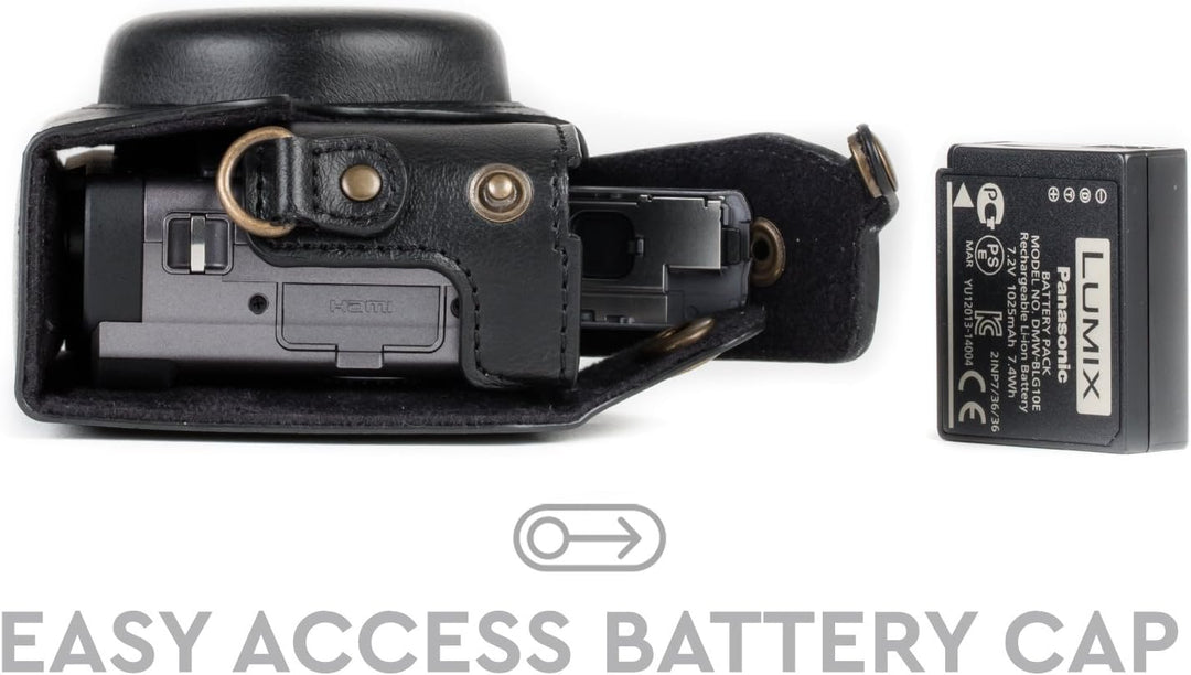 MegaGear MG1258 Panasonic Lumix DC-TZ95, DC-TZ90 Ever Ready Leder Kamera-Case mit Trageriemen - Schw