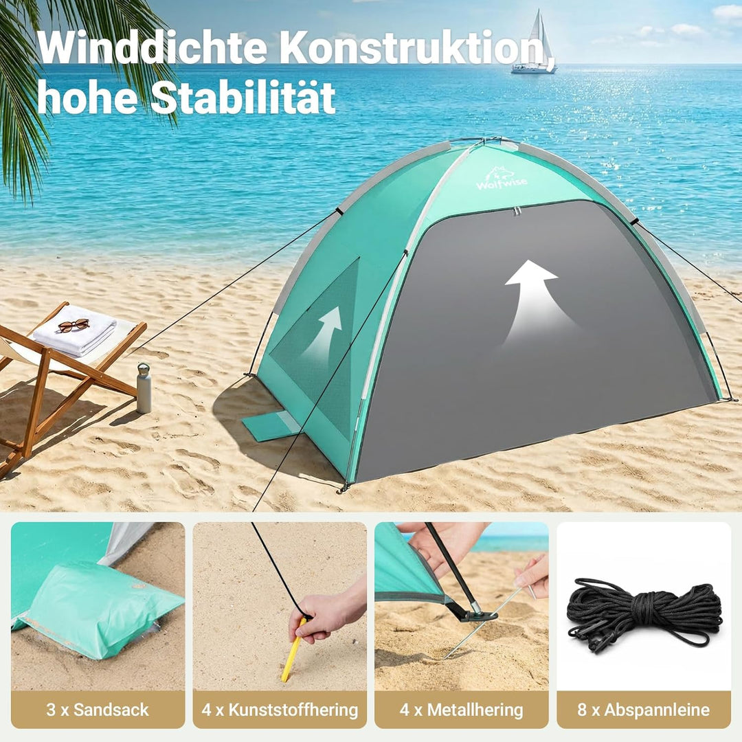 Wolfwise grosse Strandmuschel UV Schutz für 3-4 Personen, Strandzelt grosszügig mit Sonnenschutz UPF