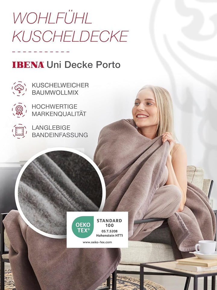 Ibena Porto xl Decke 180x220 cm – Baumwollmischung weich, warm & waschbar, Tagesdecke taupe einfarbi