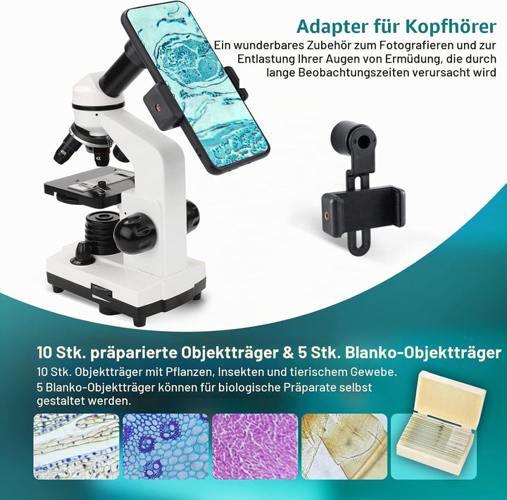 Mikroskop 100X-1000X für Kinder und Studenten - Kindermikroskop-Set mit Präparatebox, Smartphone-Ada
