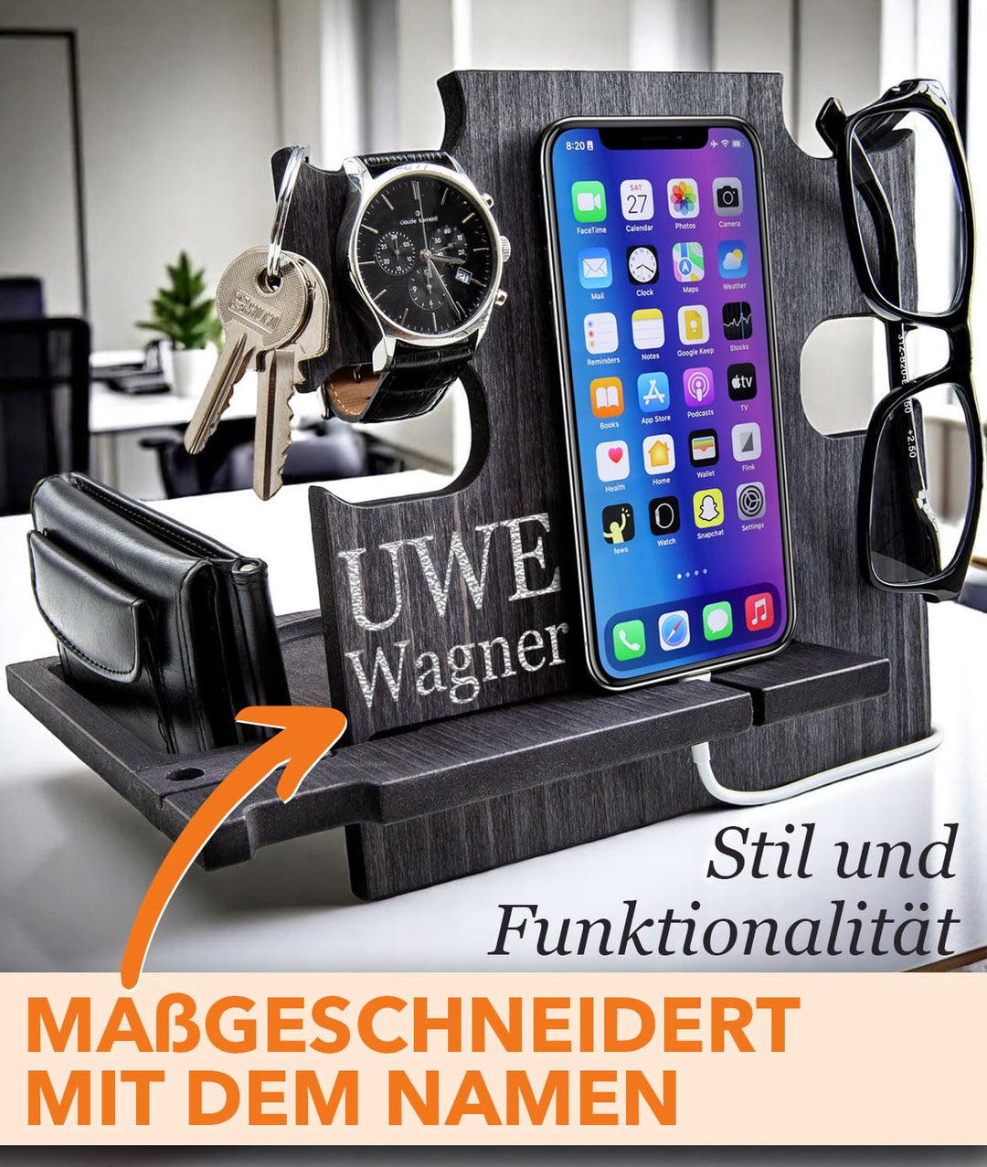 Docking Station Holz personalisiert – Männer Geschenk Geburtstag – Organizer für Schreibtisch & Nach